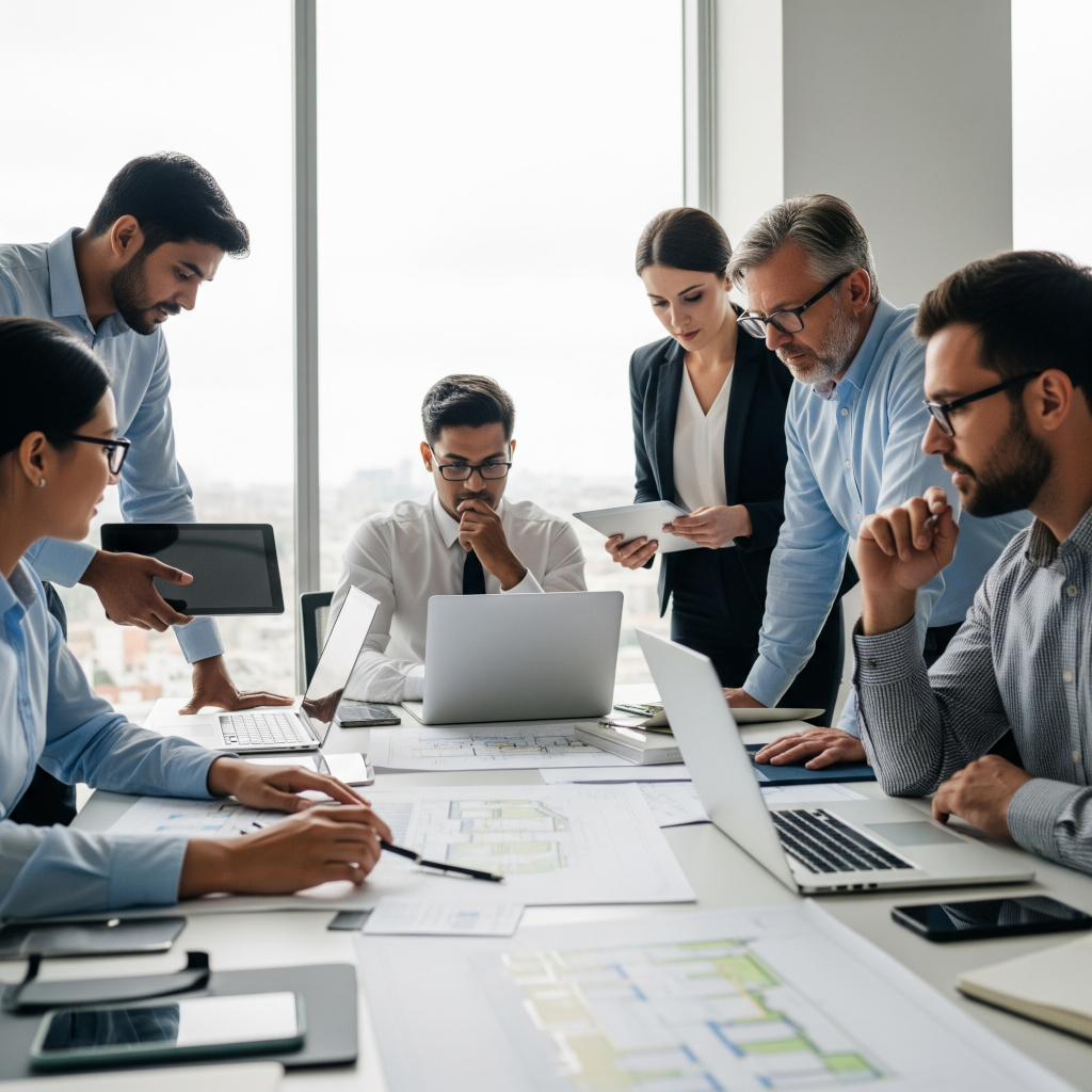 Ein Team von Menschen beraten sich an einem großen Tisch